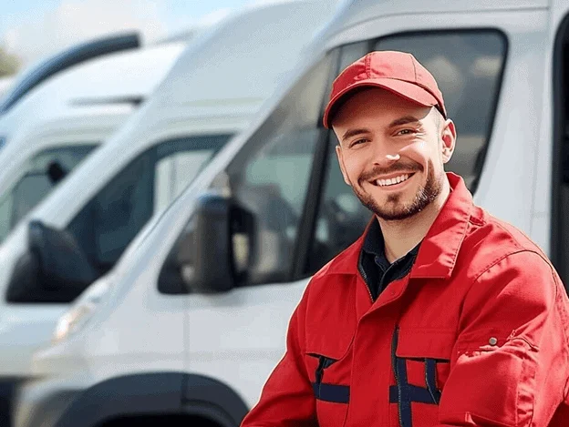 A man in a red uniform and cap smiles while standing in front of a row of white vans.